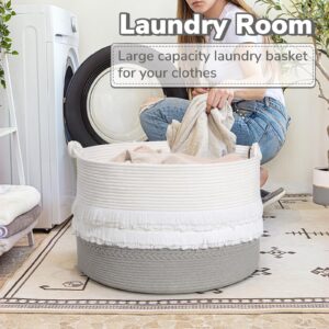 CherryNow Extra Large Rope Basket for Toys, Grey Blanket Basket for Living Room, Entryway, Nursery Laundry Basket for Clothes, 22 x 14 inches, 83L