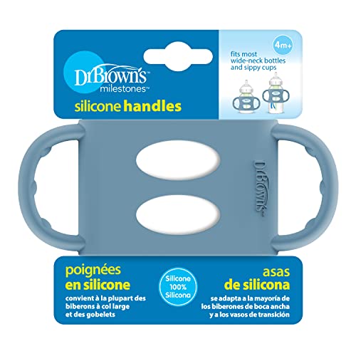 Dr. Brown's Milestones 100% Silicone Baby Bottle Handles, Wide-Neck, Removable Easy-Grip Transitional Sippy Cup Handles, Light Blue, 4m+, 2 Pack