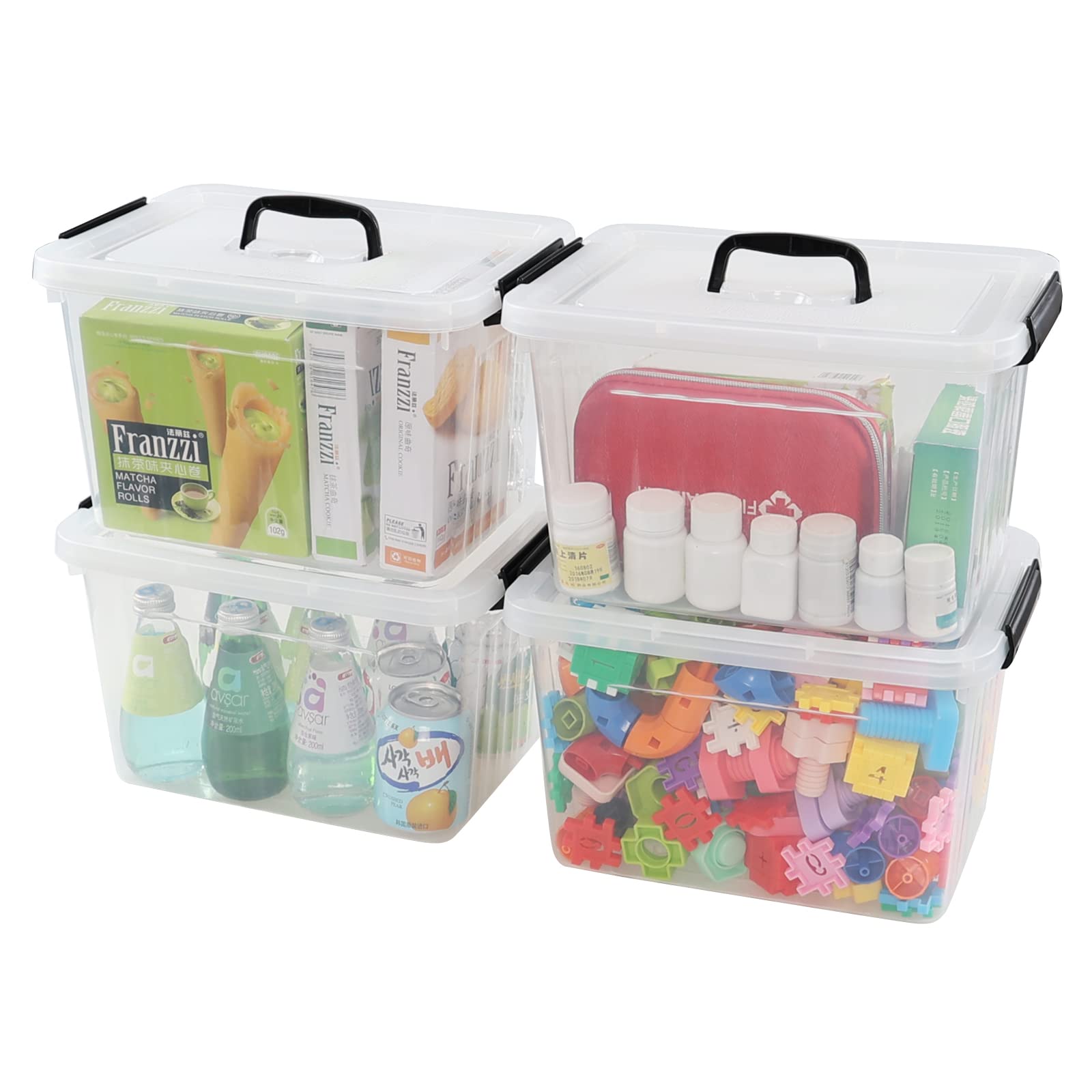 Wekioger 4 Pack 12 Quart Latching Storage Box with Handle, Clear Lidded Tote Bin