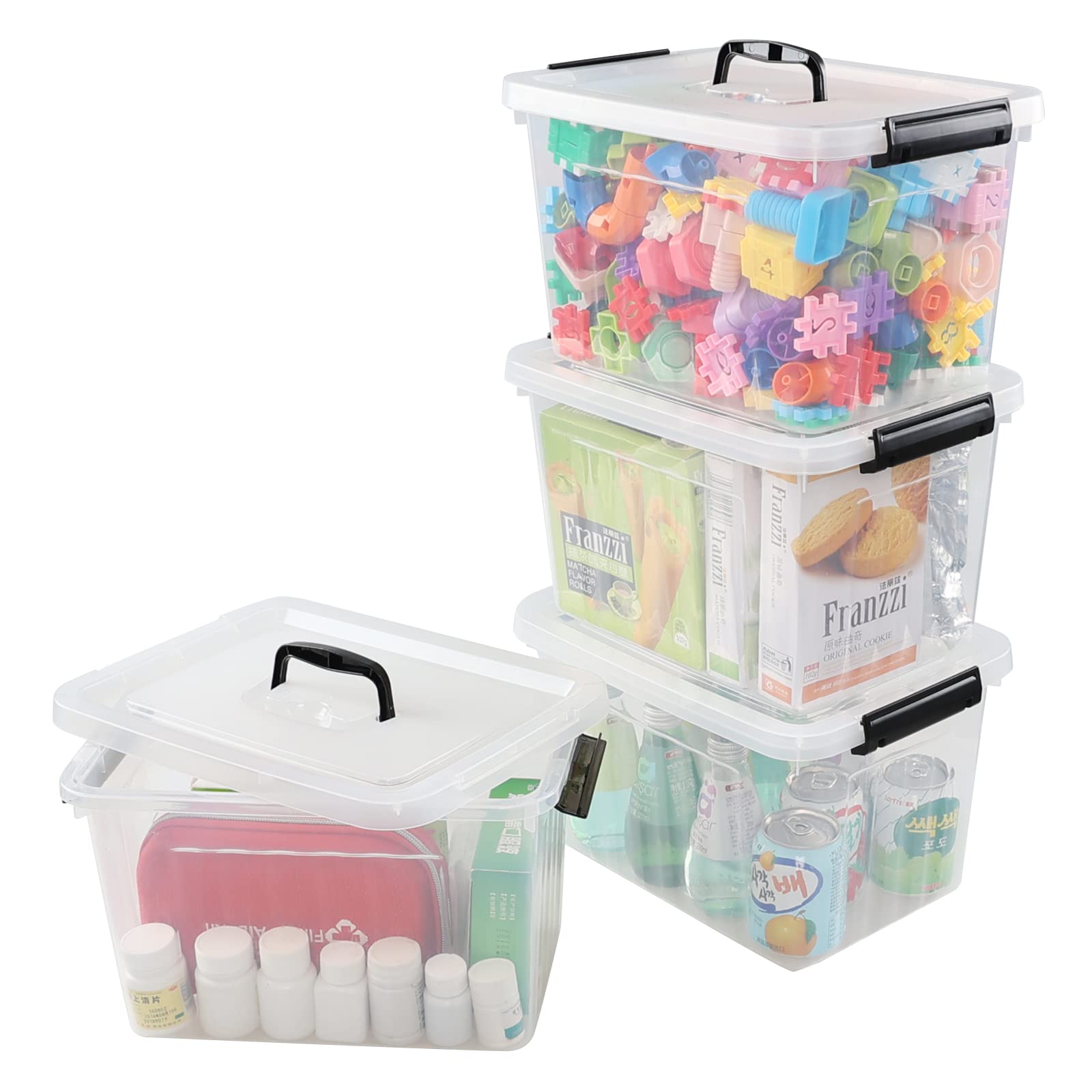 Wekioger 4 Pack 12 Quart Latching Storage Box with Handle, Clear Lidded Tote Bin