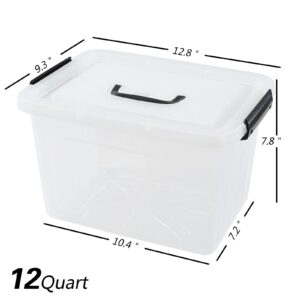 Wekioger 4 Pack 12 Quart Latching Storage Box with Handle, Clear Lidded Tote Bin