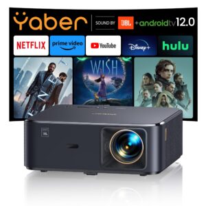 projector 4k with android tv, yaber k2s 800 ansi wifi 6 bluetooth projector, sound by jbl, dolby audio, auto focus & keystone, native 1080p 4k supported outdoor movie projector with netflix 7000+ apps