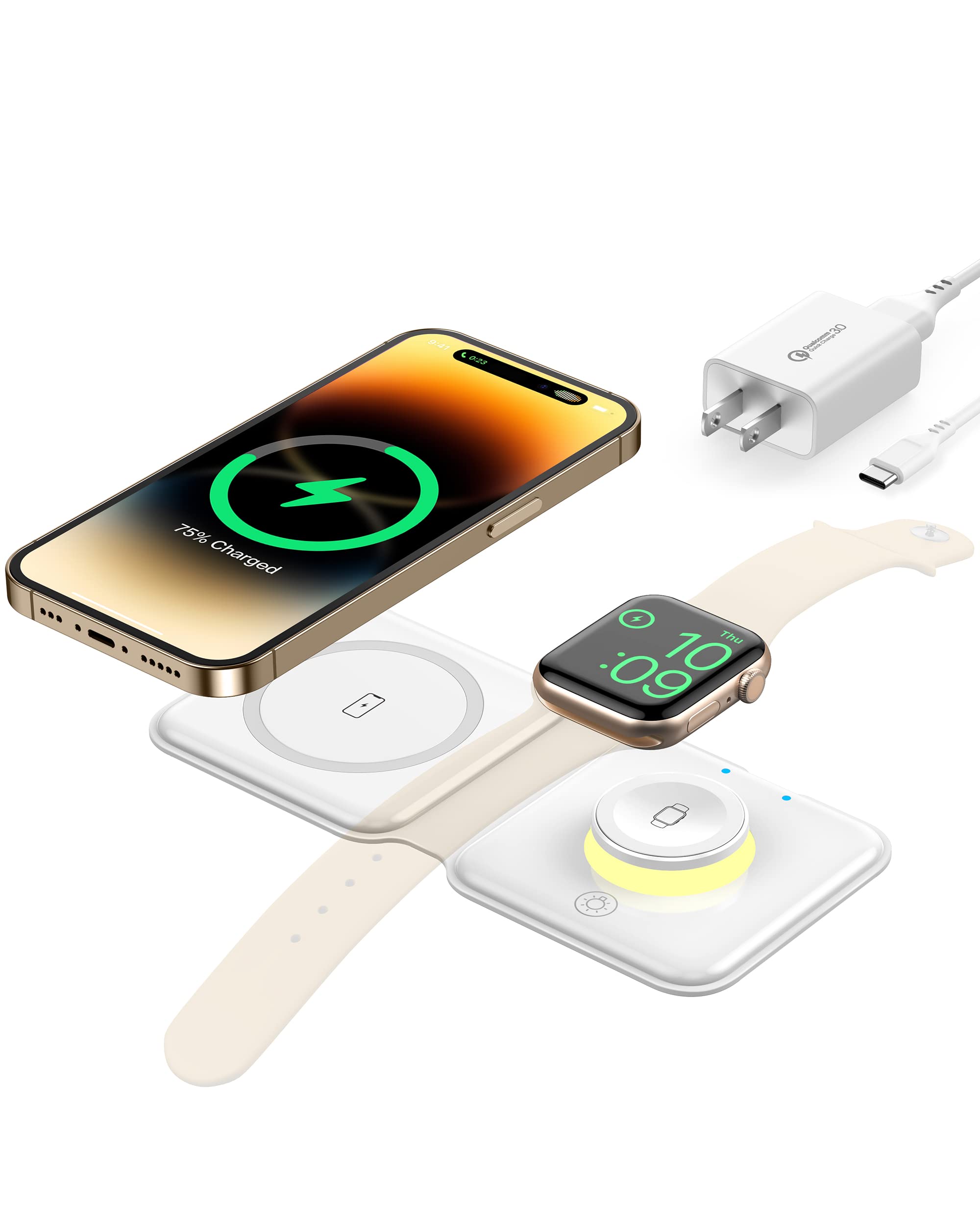 2 in 1 Foldable Wireless Charger, Wireless Charging Station for iPhone 15/14/13/12/11 Pro Max/X/XS, Fast Magnetic Travel Wireless Charging Pad for AirPods 3/2/Pro Apple Watch