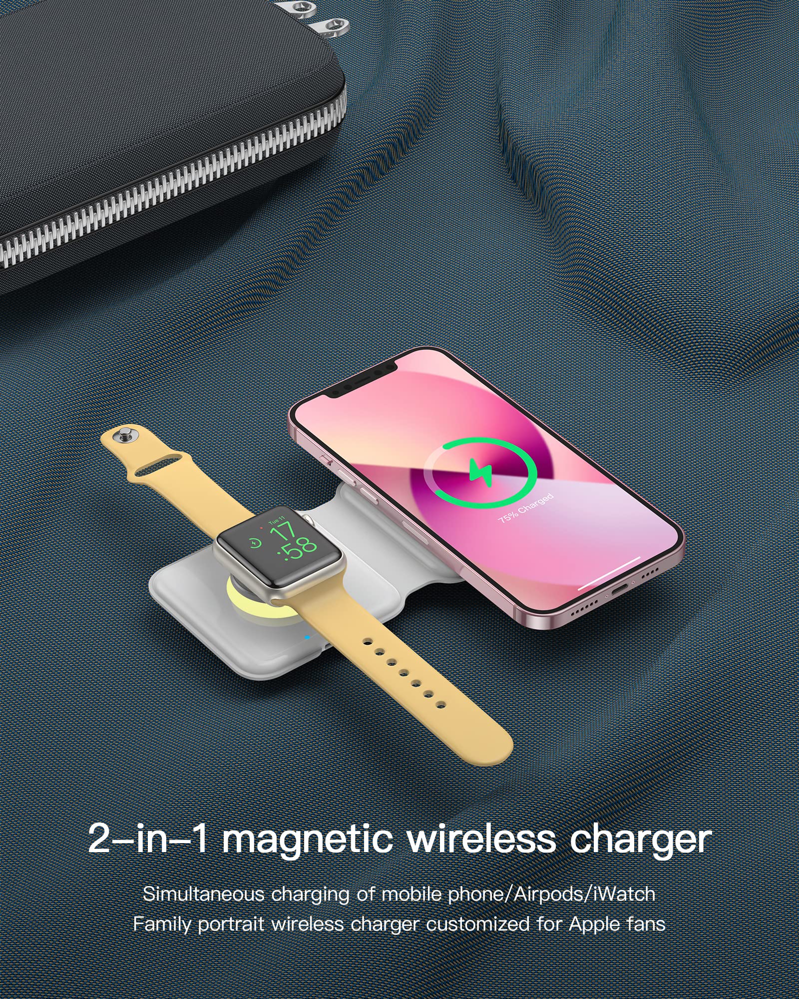 2 in 1 Foldable Wireless Charger, Wireless Charging Station for iPhone 15/14/13/12/11 Pro Max/X/XS, Fast Magnetic Travel Wireless Charging Pad for AirPods 3/2/Pro Apple Watch