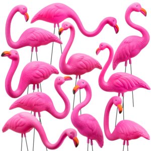 joyin 10 pack small yard flamingos ornament stakes, mini pink flamingo yard decorations, mini lawn plastic flamingo statue with rubber coating metal legs for outdoor, garden, luau party gift (3-10in)