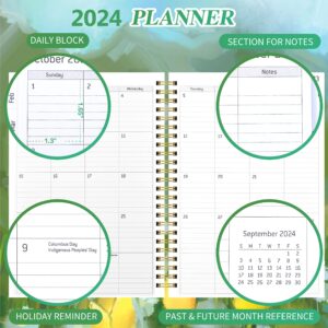 2024 Planner, Daily Weekly Monthly Planner with Tabs, 8.5" x 6.4", Hardcover, Elastic Closure, Inner Pocket, Floral Agenda Organizer & Calendar Jan 2024 to Dec 2024, Green Flower