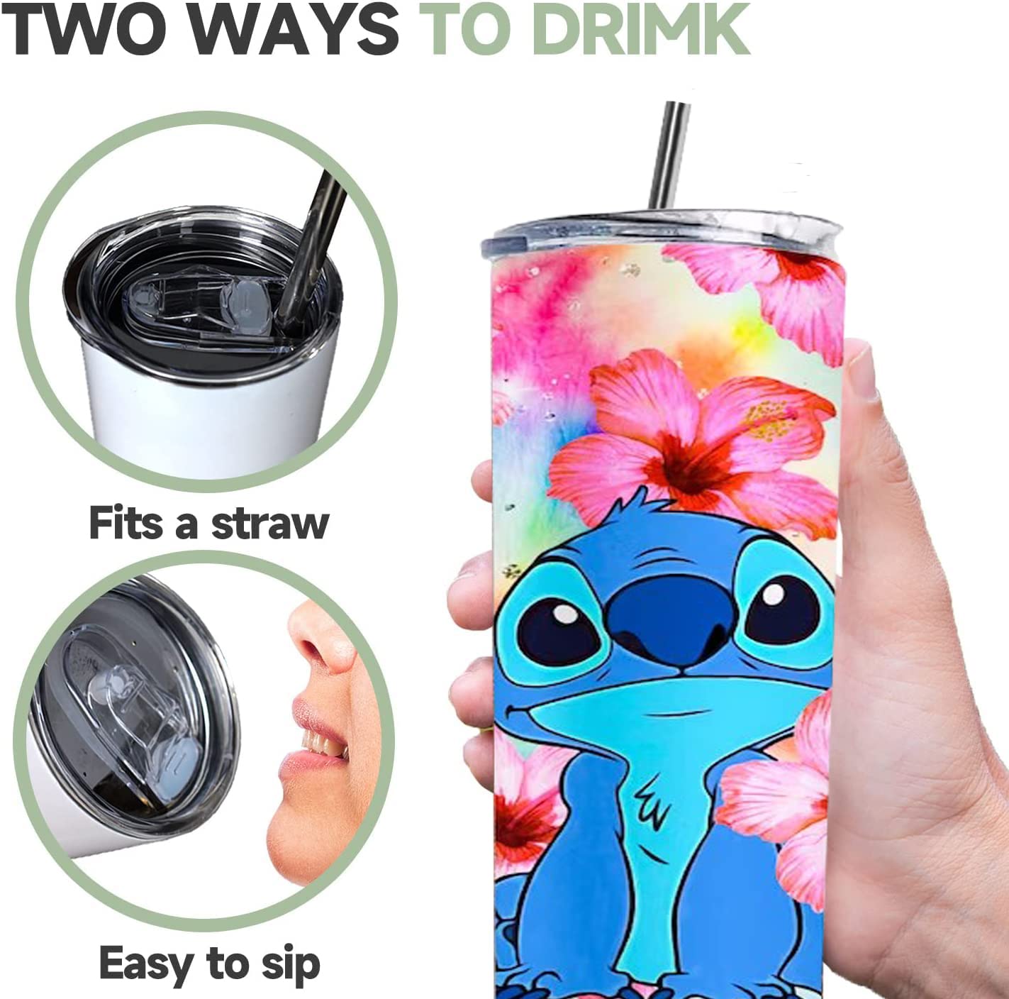 SupBo 20oz Skinny Tumbler With Lid and Straw, Gifts for Kids, Birthday Gifts, Travel Mug For Friends, Stainless Steel, Double Wall, Vacuum Sealed Travel Mug (Cute Stitch)