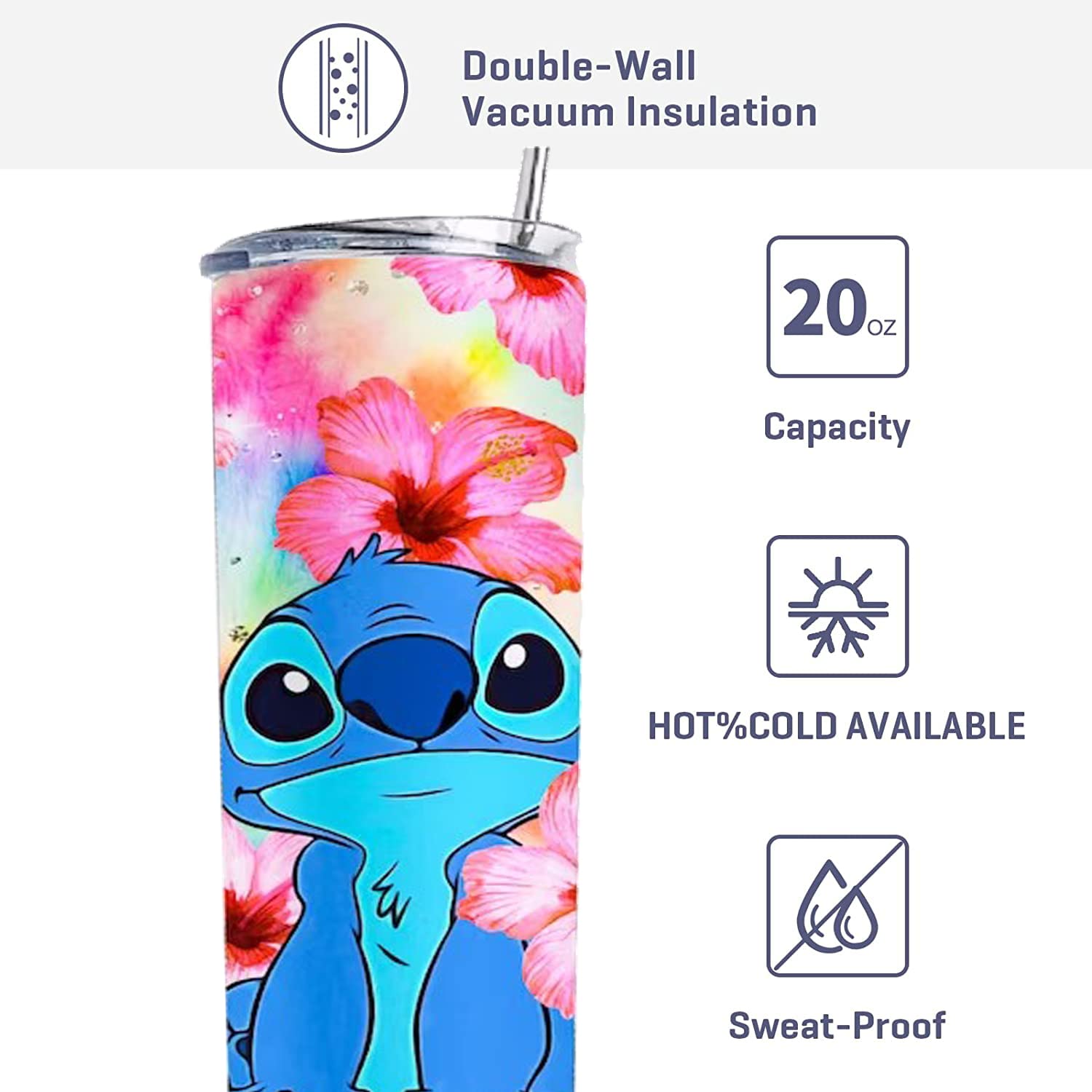 SupBo 20oz Skinny Tumbler With Lid and Straw, Gifts for Kids, Birthday Gifts, Travel Mug For Friends, Stainless Steel, Double Wall, Vacuum Sealed Travel Mug (Cute Stitch)