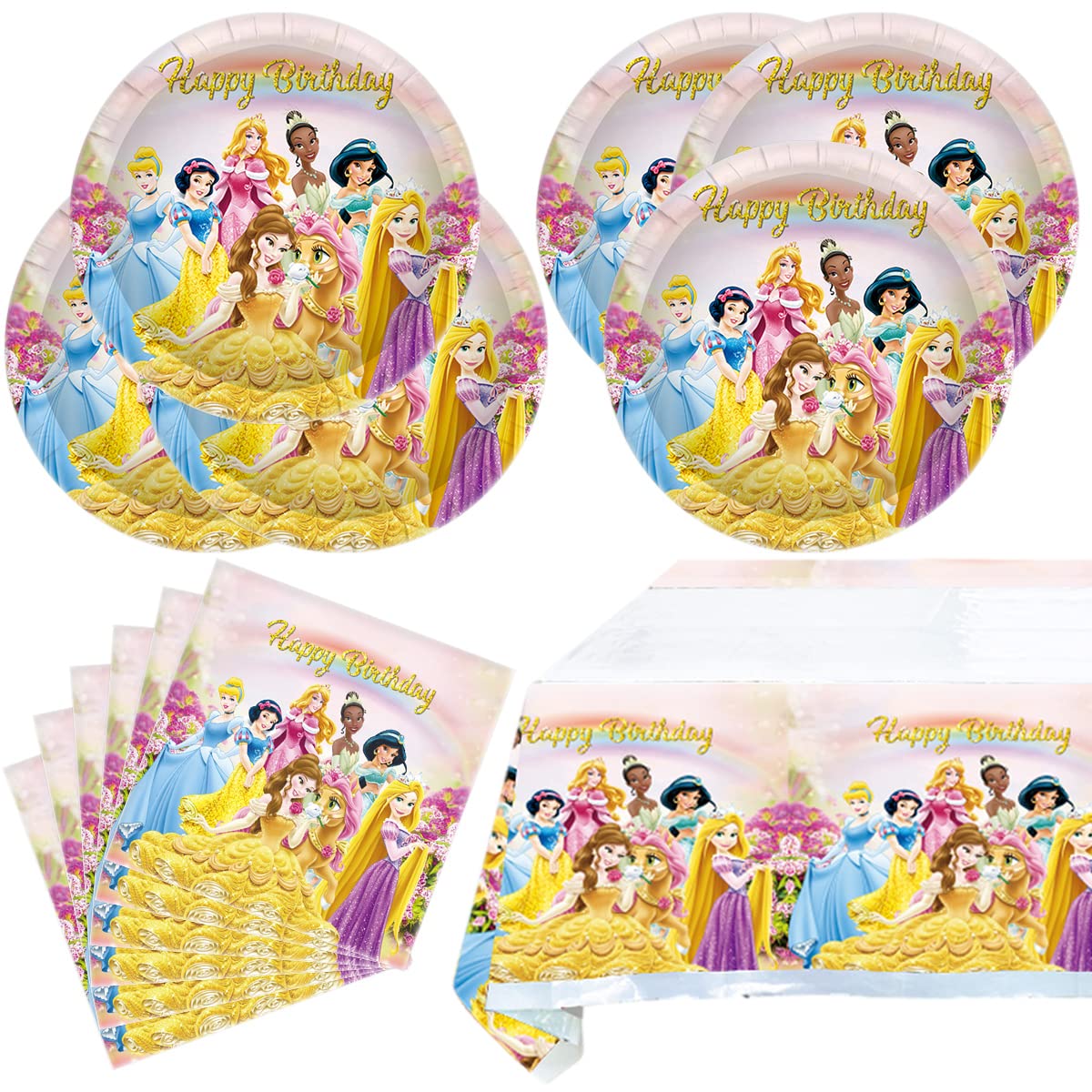 Seven Princesses Birthday Party Tableware, 20 Plates 20 Napkins And Table Covers, For Disney Princess Birthday Theme Party Decoration Supplies