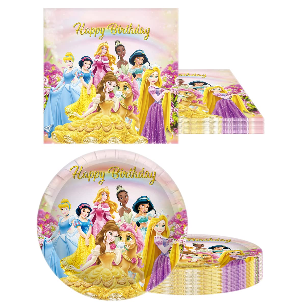 Seven Princesses Birthday Party Tableware, 20 Plates 20 Napkins And Table Covers, For Disney Princess Birthday Theme Party Decoration Supplies