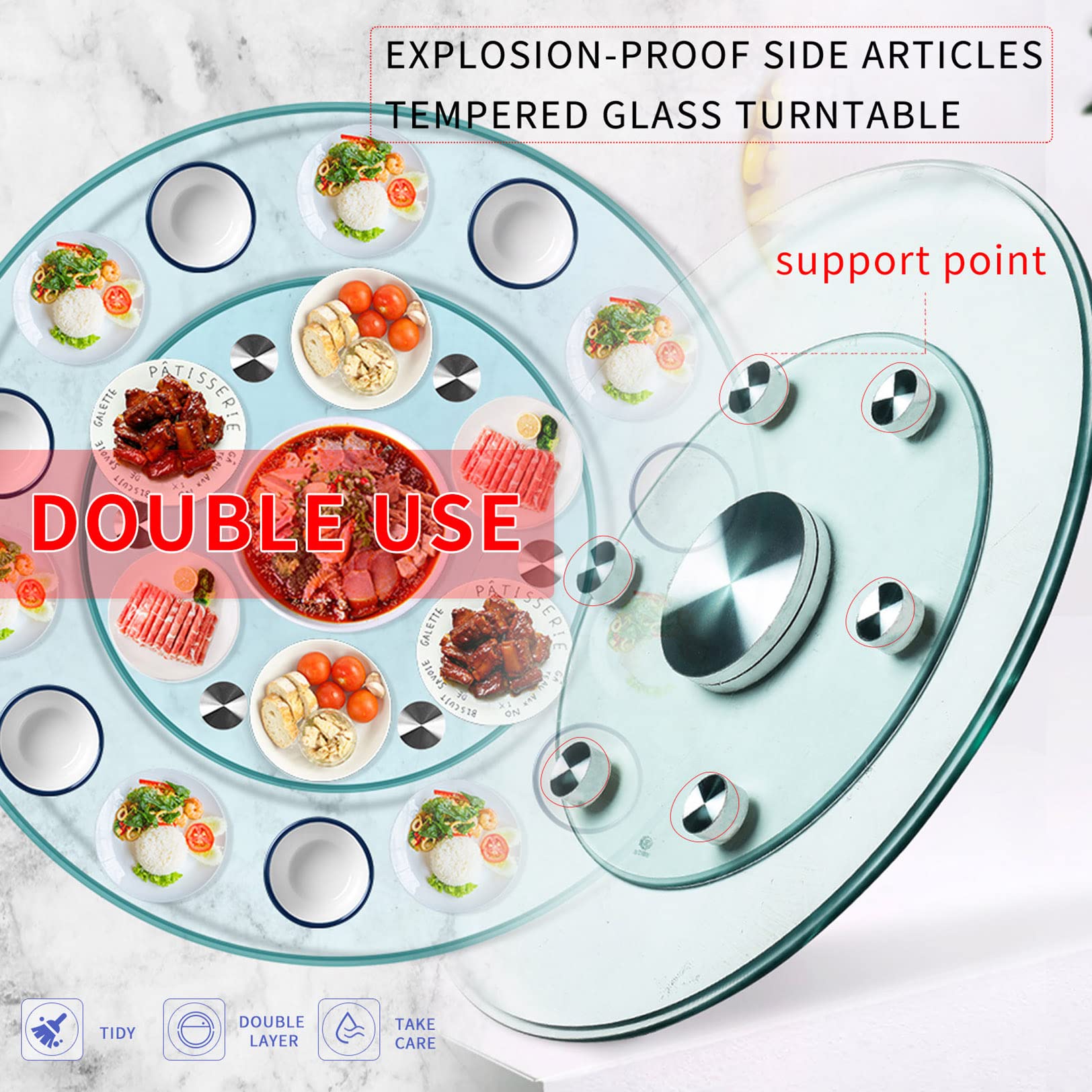 Lazy Susan Turntable for Table,Transparent Tempered Glass Round Tabletop Rotating Serving Tray,with Aluminum Assist Alloy Bearing, Silent,for Family and Banquets Round Tabletop Rotating Serving Tray