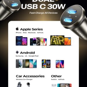 LISEN USB C Car Charger Fast Charging 60W 2-Pack Type C Car Phone Charger Mini&Metal USB C Cigarette Lighter Adapter for Ipad Pro iPhone 15 Pro Max Plus Apple Ipad Pro Samsung Galaxy S24 Google Pixel