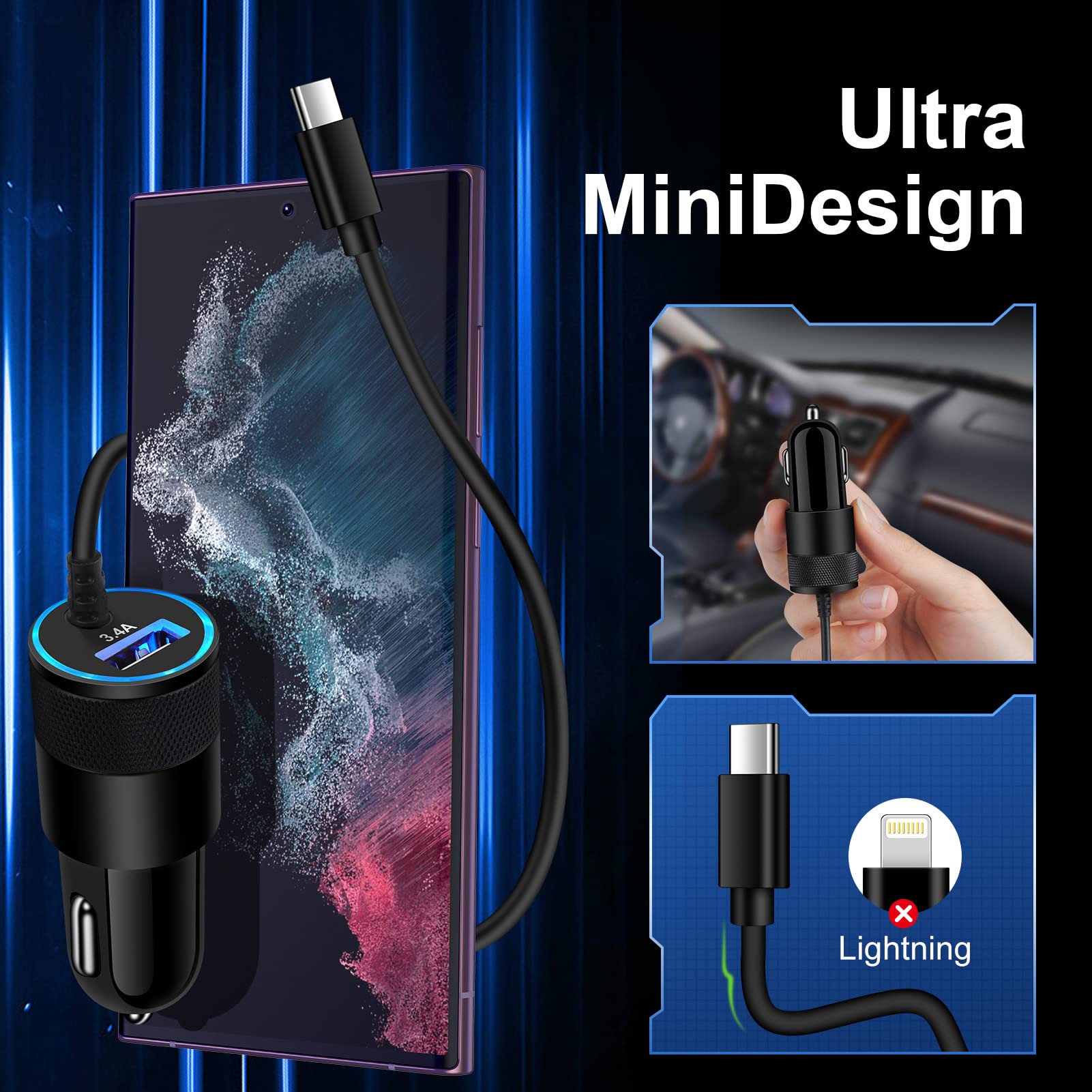 Type C Fast Car Charger for Samsung Galaxy A55/A54/A15/A14/5G/A35/A13/S24/S23 Ultra/S23/S22 Ultra/S22/S21 FE/S20/S10/S9/Plus/A53 5G,3.4A Fast Charging Android Phone Car Charger Adapter 3FT USB C Cable