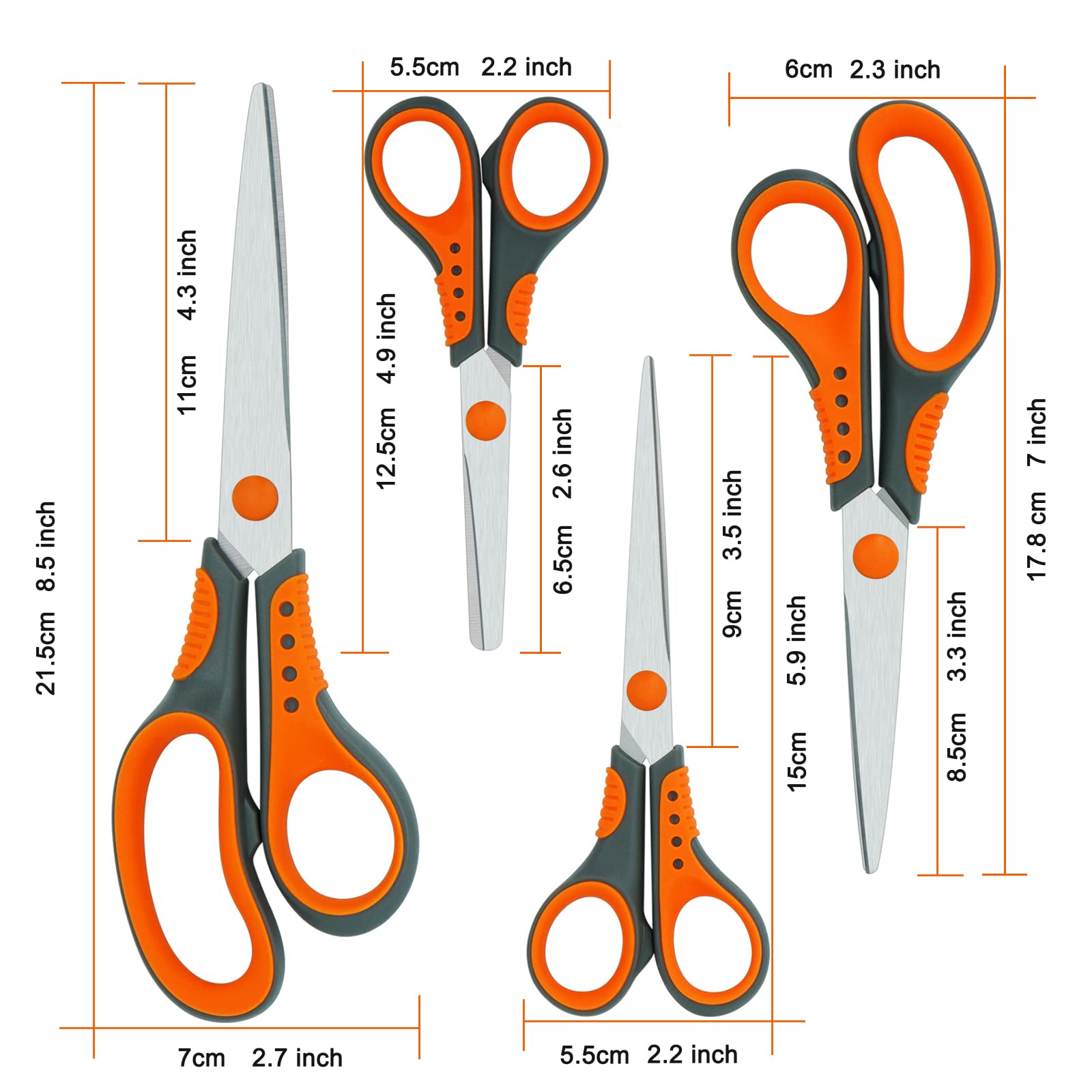 Oiijiok Scissors, Multi-Purpose Office Scissors, Comfortable Grip Household Scissors, Sturdy Sharp Craft Supplies in a Pack of 4 for Office, Home, School, Scissors for High School Teachers