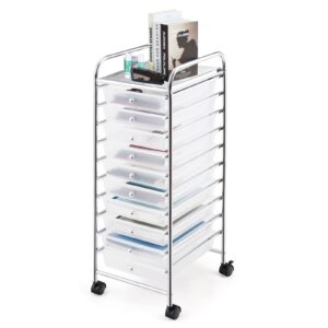 SILKYDRY Rolling Storage Cart with 10 Drawers, Versatile Utility Cart with Wheels for Tool Paper Scrapbook Art Supply, Mobile Craft Organizer Cart for Home Office School (Clear)