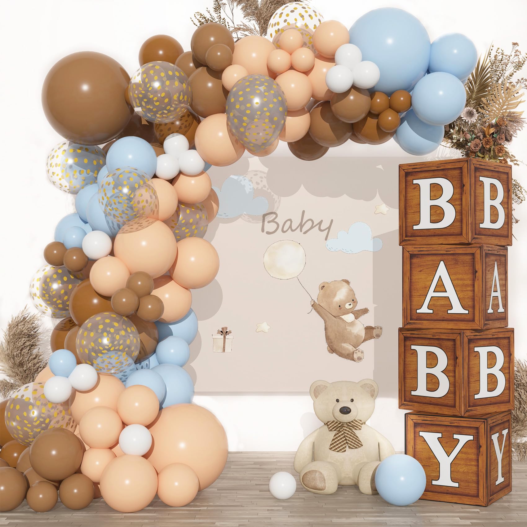 Amandir Baby Boxes Balloons for Baby Shower, 4 Wood Grain Blocks with Letter 111Pcs Brown Blue Nude Balloon Garland Kit for Bear Baby Shower Decorations Gender Reveal Boy Birthday Party Supplies