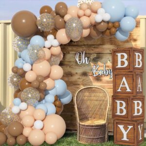 Amandir Baby Boxes Balloons for Baby Shower, 4 Wood Grain Blocks with Letter 111Pcs Brown Blue Nude Balloon Garland Kit for Bear Baby Shower Decorations Gender Reveal Boy Birthday Party Supplies