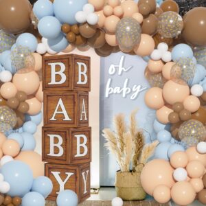 Amandir Baby Boxes Balloons for Baby Shower, 4 Wood Grain Blocks with Letter 111Pcs Brown Blue Nude Balloon Garland Kit for Bear Baby Shower Decorations Gender Reveal Boy Birthday Party Supplies