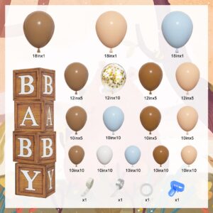 Amandir Baby Boxes Balloons for Baby Shower, 4 Wood Grain Blocks with Letter 111Pcs Brown Blue Nude Balloon Garland Kit for Bear Baby Shower Decorations Gender Reveal Boy Birthday Party Supplies