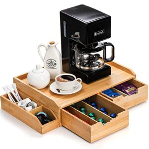 soujoy bamboo drawer organizer for coffee pod, k cup organizer for counter, tea bag storage organizer with drawer and side storage box for kitchen office coffee bar