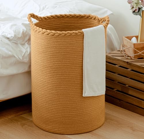 Homlikelan 58L Cotton Woven Laundry Hamper,Foldable Laundry Basket for Blankets,Pillows,Toys,Shoes Tall CLothes Hamper Laundry Bin Light Brown 20''H 15''D