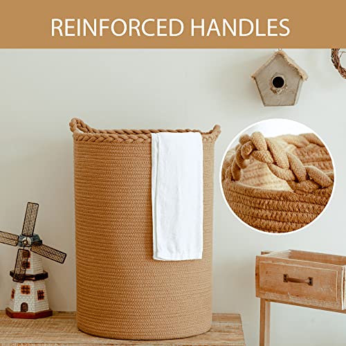 Homlikelan 58L Cotton Woven Laundry Hamper,Foldable Laundry Basket for Blankets,Pillows,Toys,Shoes Tall CLothes Hamper Laundry Bin Light Brown 20''H 15''D