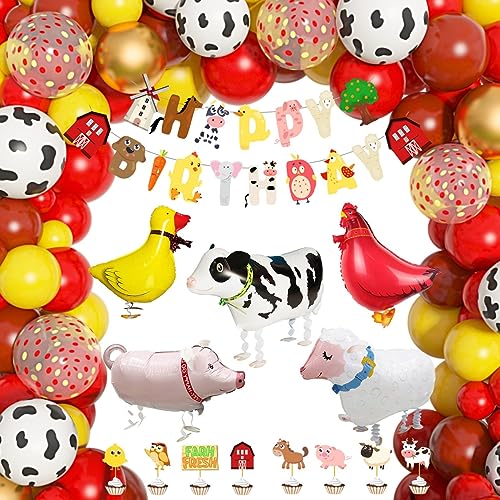 Amandir Farm Animals Birthday Party Decorations, 123Pcs Red Yellow Balloon Garland Arch Kit Cow Print Banner Cake Toppers Walking Animal Balloons for Farmhouse Barnyard Baby Shower Party Supplies