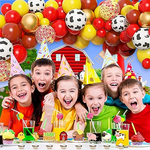 Amandir Farm Animals Birthday Party Decorations, 123Pcs Red Yellow Balloon Garland Arch Kit Cow Print Banner Cake Toppers Walking Animal Balloons for Farmhouse Barnyard Baby Shower Party Supplies