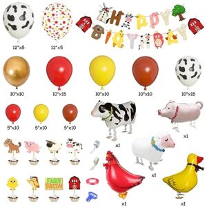 Amandir Farm Animals Birthday Party Decorations, 123Pcs Red Yellow Balloon Garland Arch Kit Cow Print Banner Cake Toppers Walking Animal Balloons for Farmhouse Barnyard Baby Shower Party Supplies