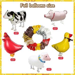 Amandir Farm Animals Birthday Party Decorations, 123Pcs Red Yellow Balloon Garland Arch Kit Cow Print Banner Cake Toppers Walking Animal Balloons for Farmhouse Barnyard Baby Shower Party Supplies