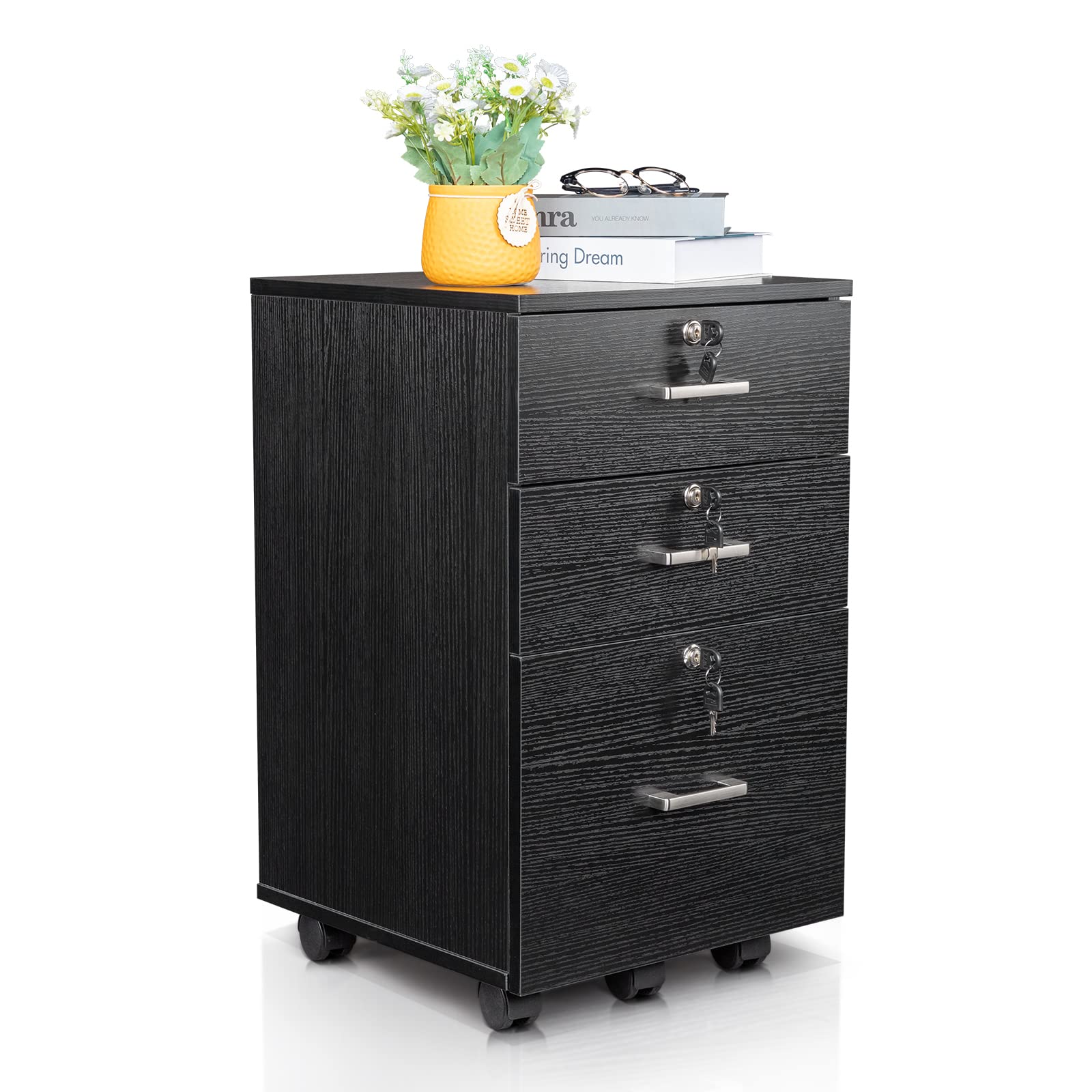 Karl home Wooden File Cabinet, 3 Drawer Vertical File Cabinets with 3 Lock,Printer Stand Mobile Storage Cabinet,Filing Storage Drawer for Home,Office,Black(15.75" L x 15.75" W x 26.1" H)