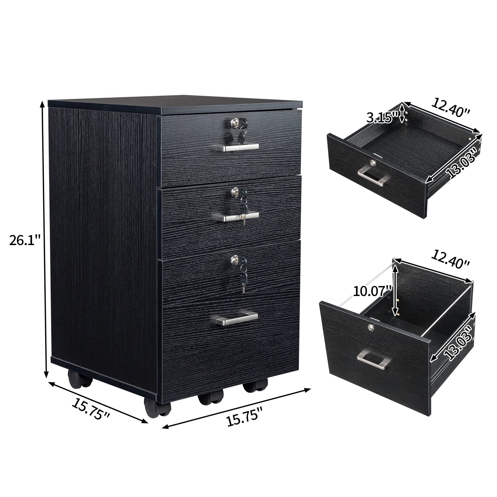 Karl home Wooden File Cabinet, 3 Drawer Vertical File Cabinets with 3 Lock,Printer Stand Mobile Storage Cabinet,Filing Storage Drawer for Home,Office,Black(15.75" L x 15.75" W x 26.1" H)