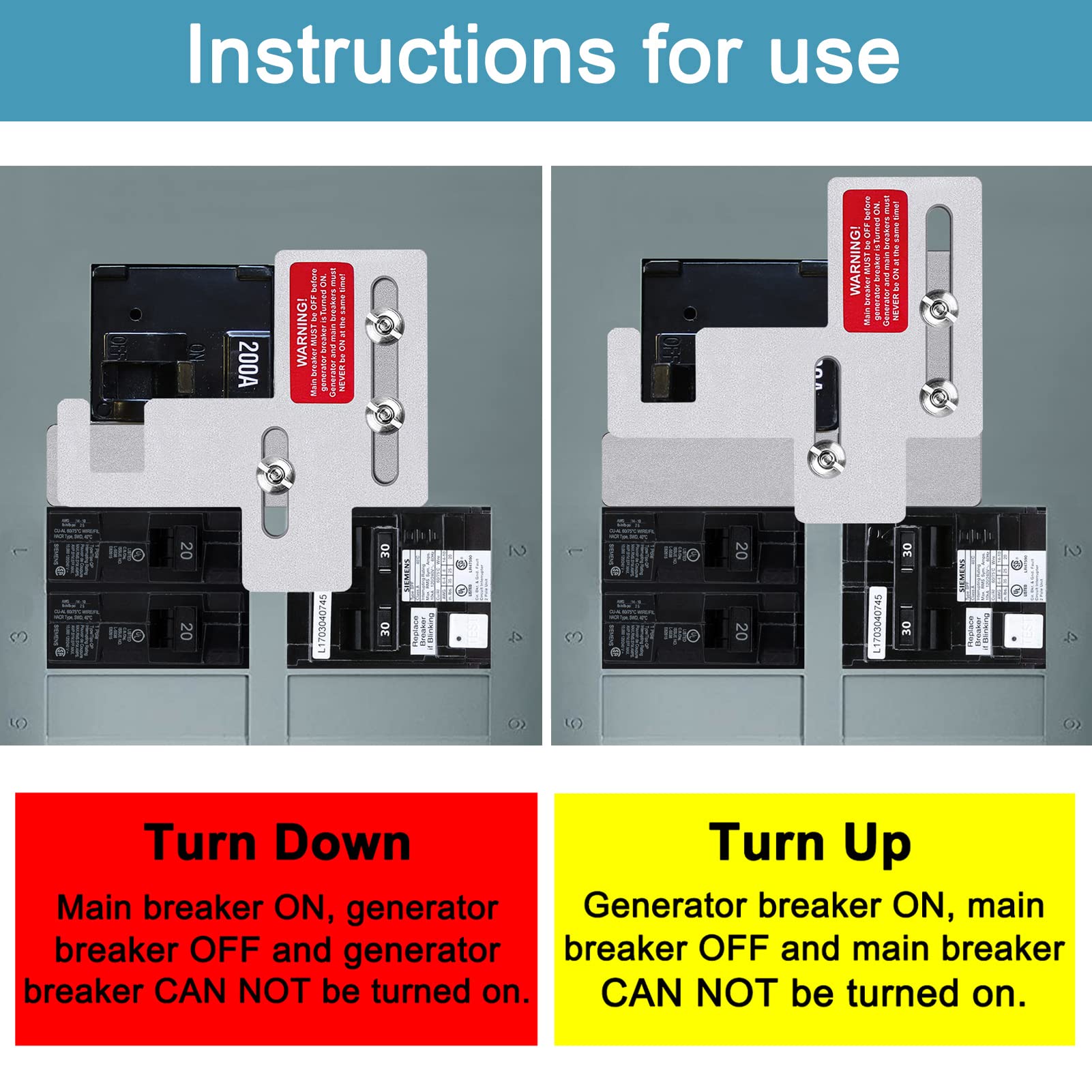 Generator Interlock Kit Compatible with Siemens or Murray 150 or 200 Amp Panels, 7/8-1 1/4" Spacing Between Main and Branch Breakers