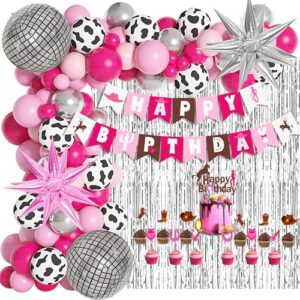 amandir 113pcs western cowgirl birthday party decorations, retro horse rodeo party supplies backdrop for girls hot pink silver balloon garland arch kit birthday banner horse garland cake toppers