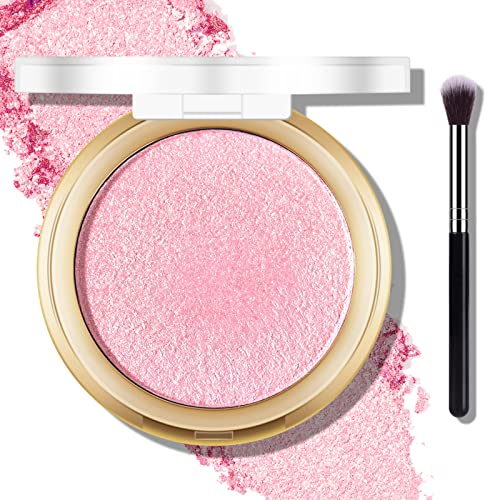 FREEORR Baked Highlighter Powder Palette, Makeup Highlighter Powder Palette Sheer Shimmering Finish Face Highlighters Makeup Iluminadores de Maquillaje #02 Mermaid Pink