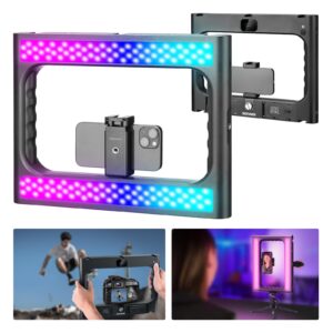 neewer rgb-a111 ii smartphone video rig with light kit, support vertical shoot, handheld phone camera cage stabilizer with cold shoes/shutter/battery, 17 scenes rgb ring light 2500k-10000k cri97+