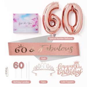 60th Birthday Gifts Decorations for Women - Birthday Cake Topper, Balloons, Birthday Queen Sash with Pearl Pin, Tiara Crown and Candle Set, Rose Gold, Rose Gold (60th)