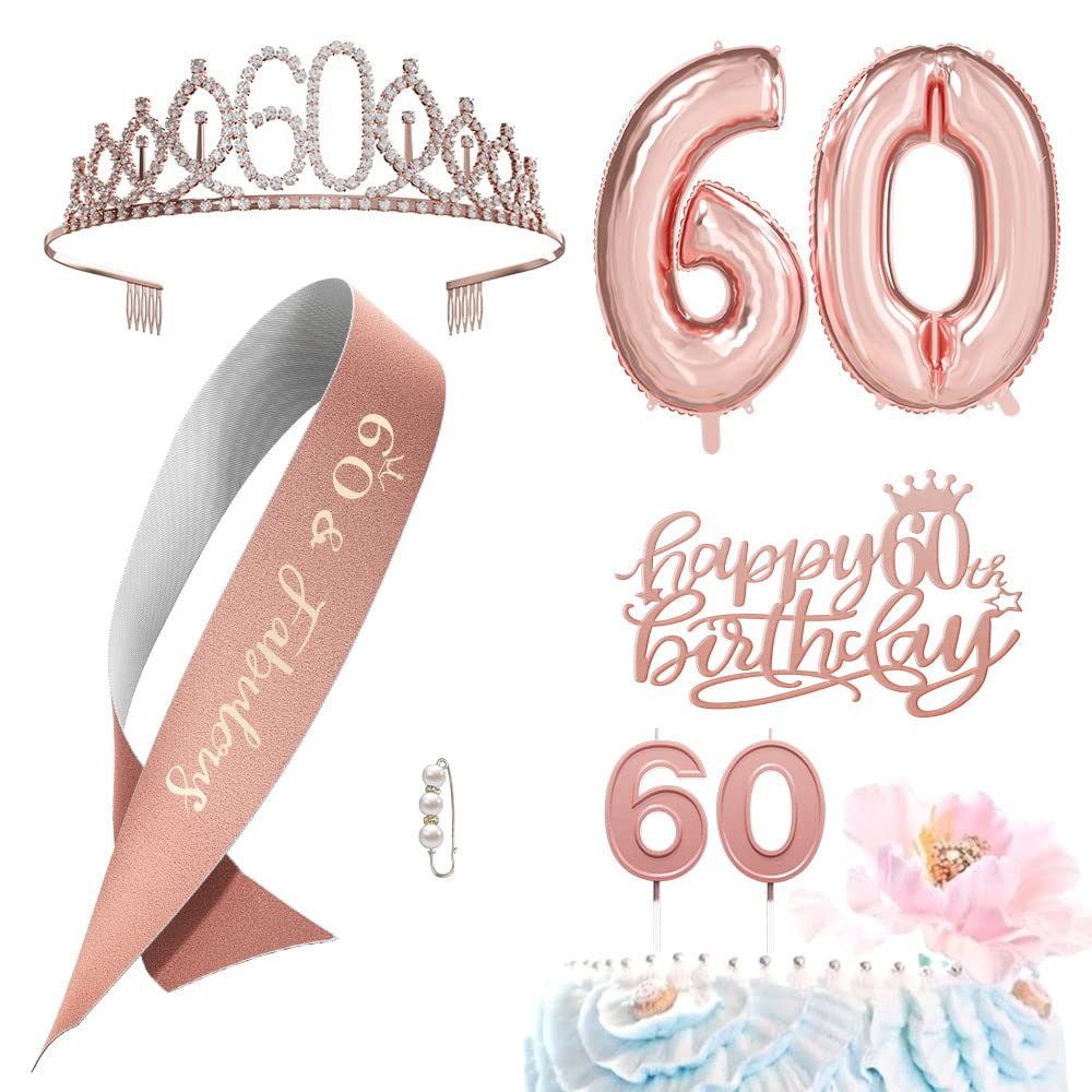 60th Birthday Gifts Decorations for Women - Birthday Cake Topper, Balloons, Birthday Queen Sash with Pearl Pin, Tiara Crown and Candle Set, Rose Gold, Rose Gold (60th)