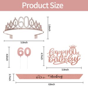 60th Birthday Gifts Decorations for Women - Birthday Cake Topper, Balloons, Birthday Queen Sash with Pearl Pin, Tiara Crown and Candle Set, Rose Gold, Rose Gold (60th)