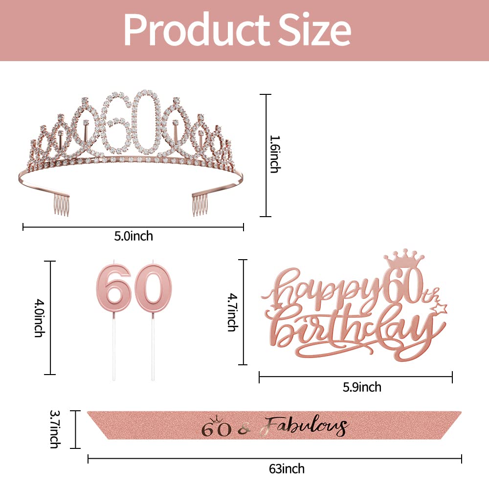 60th Birthday Gifts Decorations for Women - Birthday Cake Topper, Balloons, Birthday Queen Sash with Pearl Pin, Tiara Crown and Candle Set, Rose Gold, Rose Gold (60th)