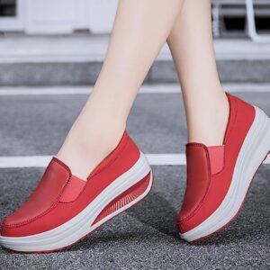 Women's Platform Wedge Casual Moccasins,Arch Support Slip On Healthcare Work Leather Nurse Shoes (8.5,Red)