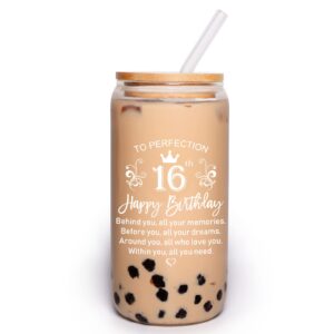 16th birthday gifts for her, happy 16th birthday decorations for her, funny 16 year old birthday gift ideas for her, friends, sister, daughter - 16 oz can shaped glass cups with lids and straws