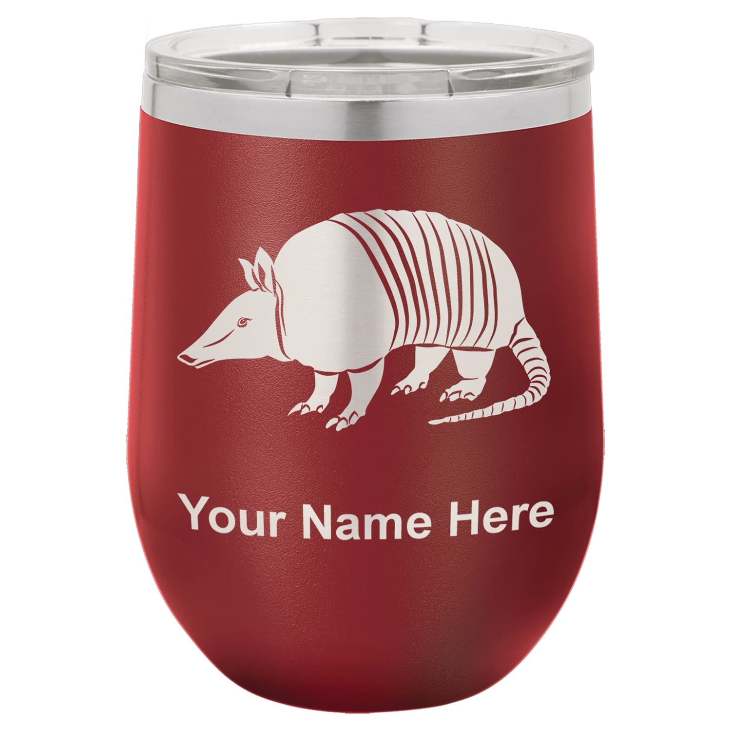 LaserGram Double Wall Stainless Steel Wine Glass Tumbler, Armadillo, Personalized Engraving Included (Maroon)