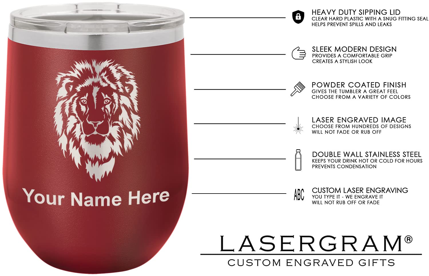 LaserGram Double Wall Stainless Steel Wine Glass Tumbler, Armadillo, Personalized Engraving Included (Maroon)