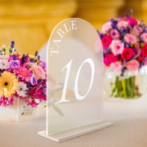 table numbers 1-20 with display stand, acrylic sheets with white printed calligraphy number and frosted, arch shape design for party decor, wedding reception, anniversary, & other event guest seating
