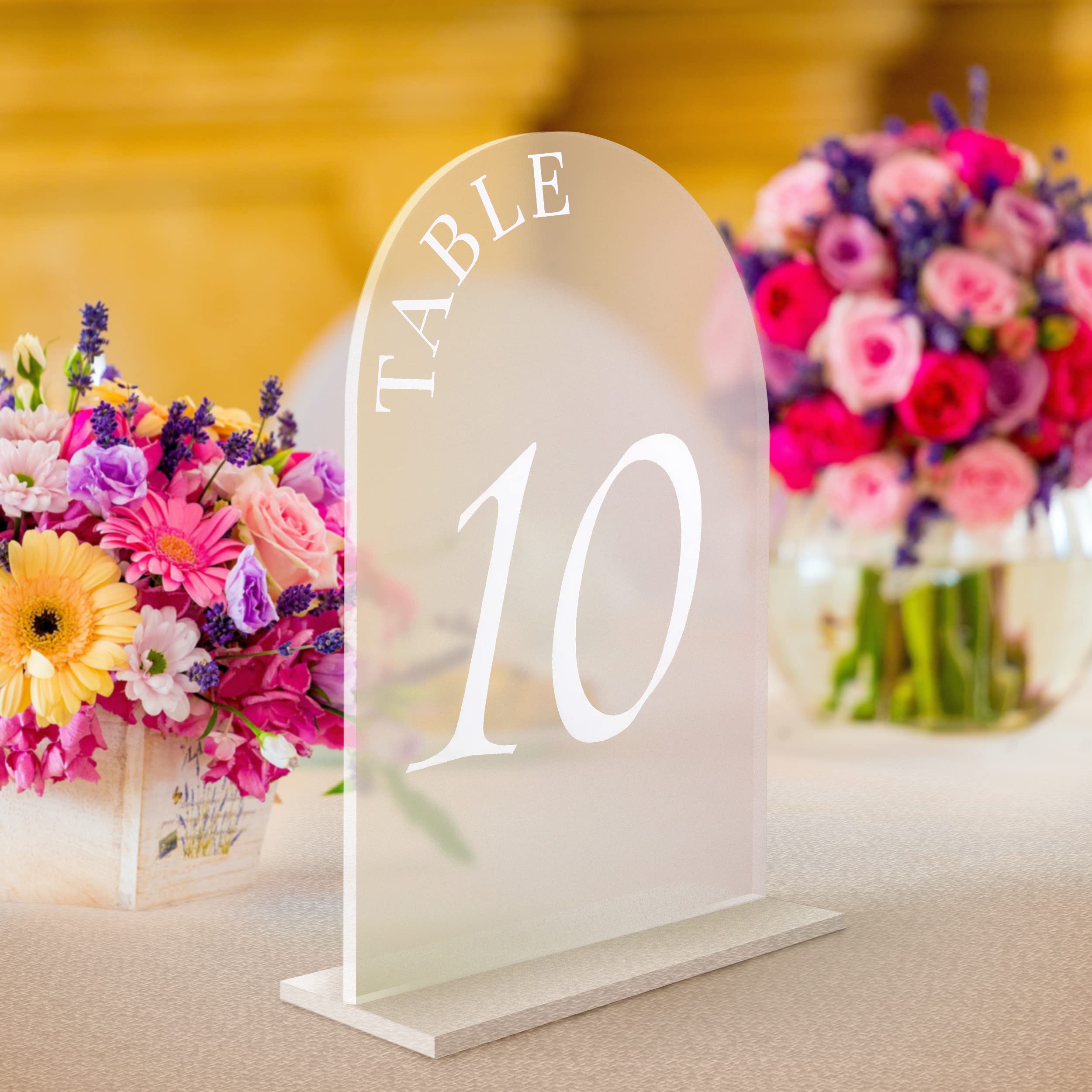 Table Numbers 1-20 with Display Stand, Acrylic Sheets with White Printed Calligraphy Number and Frosted, Arch Shape Design for Party Decor, Wedding Reception, Anniversary, & Other Event Guest Seating