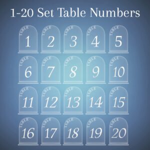 Table Numbers 1-20 with Display Stand, Acrylic Sheets with White Printed Calligraphy Number and Frosted, Arch Shape Design for Party Decor, Wedding Reception, Anniversary, & Other Event Guest Seating