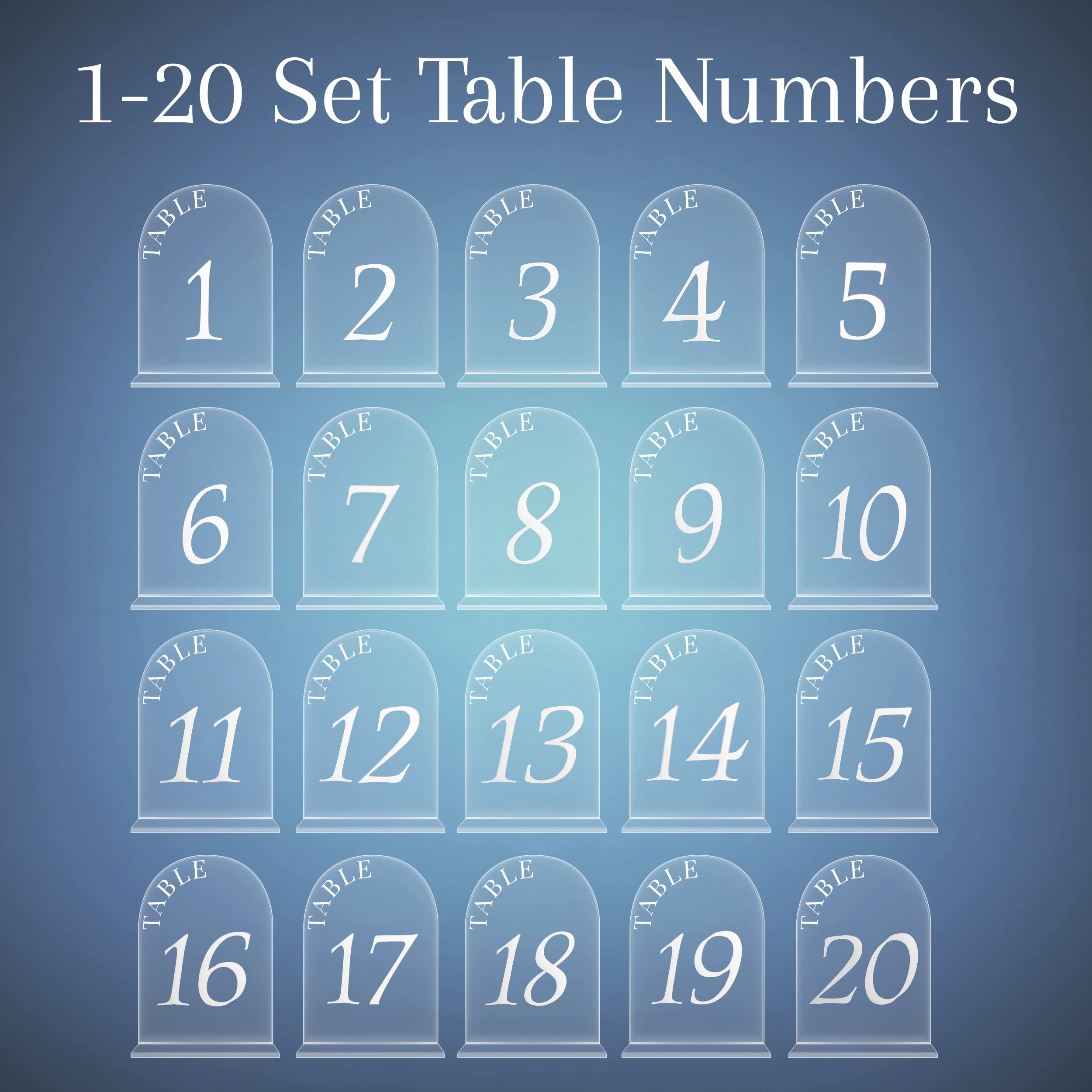 Table Numbers 1-20 with Display Stand, Acrylic Sheets with White Printed Calligraphy Number and Frosted, Arch Shape Design for Party Decor, Wedding Reception, Anniversary, & Other Event Guest Seating