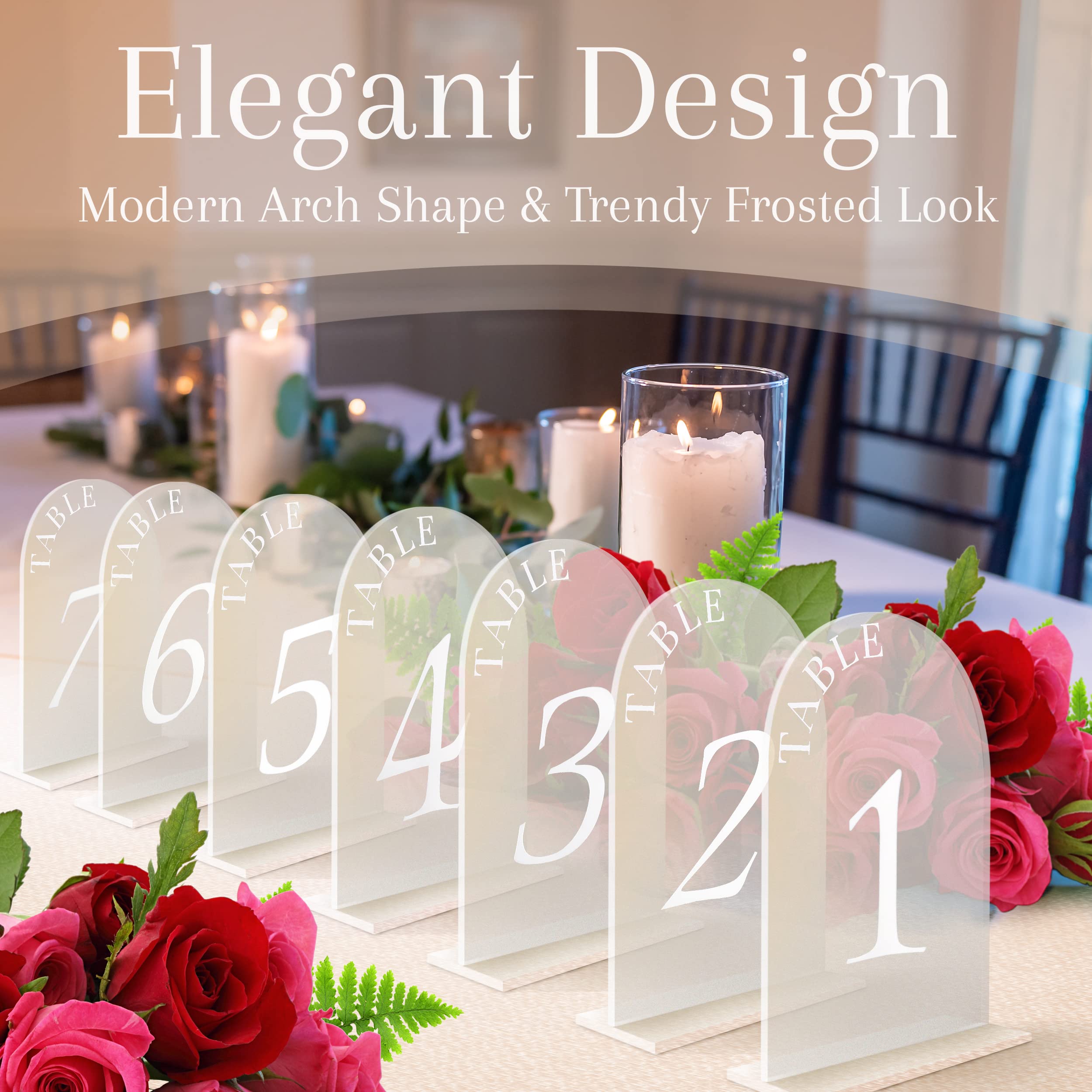 Table Numbers 1-20 with Display Stand, Acrylic Sheets with White Printed Calligraphy Number and Frosted, Arch Shape Design for Party Decor, Wedding Reception, Anniversary, & Other Event Guest Seating