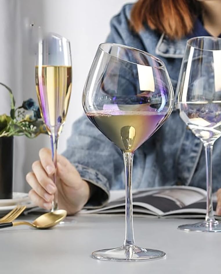 Luxrify Enhance Your Wine Experience Iridescent Wine Glasses - Premium Quality, Unique Design at Rim, Long Stemware, Hand-Blown & Perfect for Wine Lovers, Colored Stemware (Set Of 4)